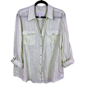 Chicos XL 100% Linen Button Down Shirt Pale Yellow Roll Tab Sleeve (P716)‎